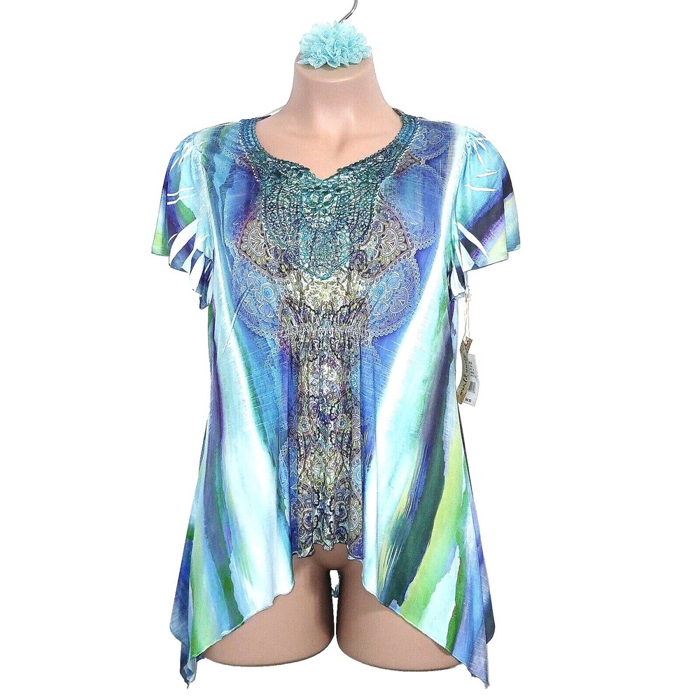 World Unity Women Asymmetric Hem Top 1X Blue Green Bohemian Studded Crochet Boho